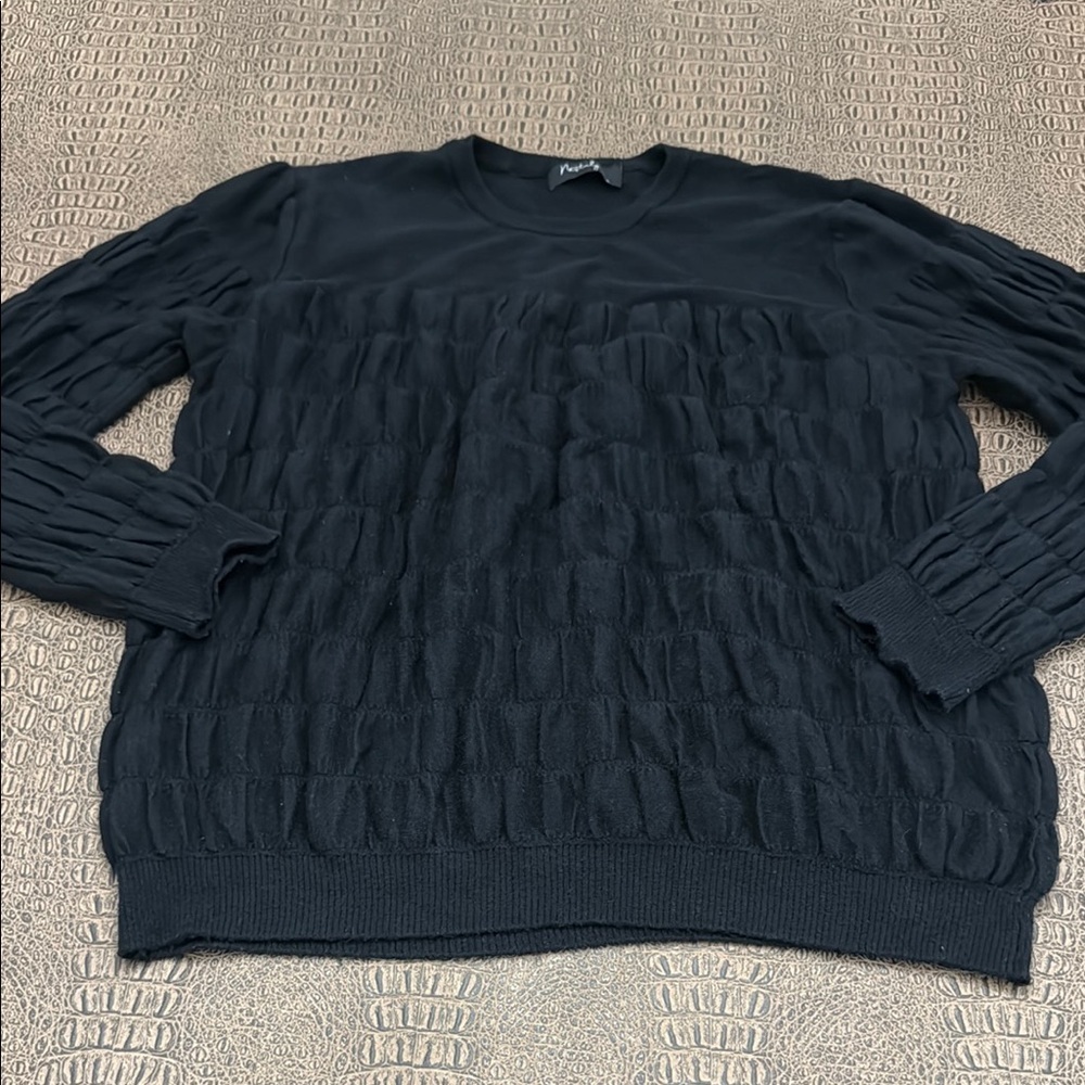 Nostalgia Black Textured Knit Sweater – Size L – Chic Puff Sleeve Pullover